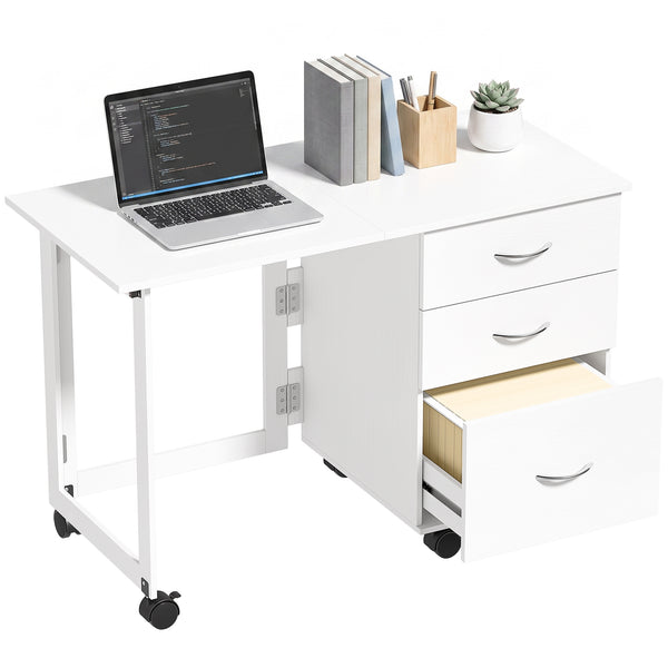Folding desk with 3 drawers and castors, white