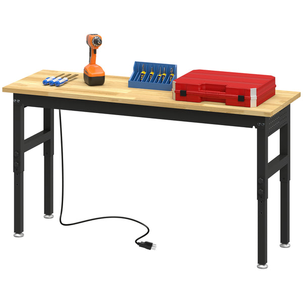 60-inch heavy-duty height-adjustable workbench with power outlets, USB ports, and pegboard – Natural wood and black