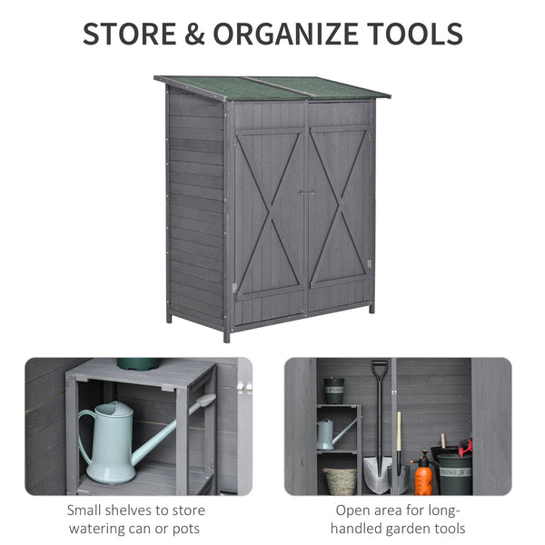 Garden shed with asphalt roof, double wooden door, shelf, green and grey