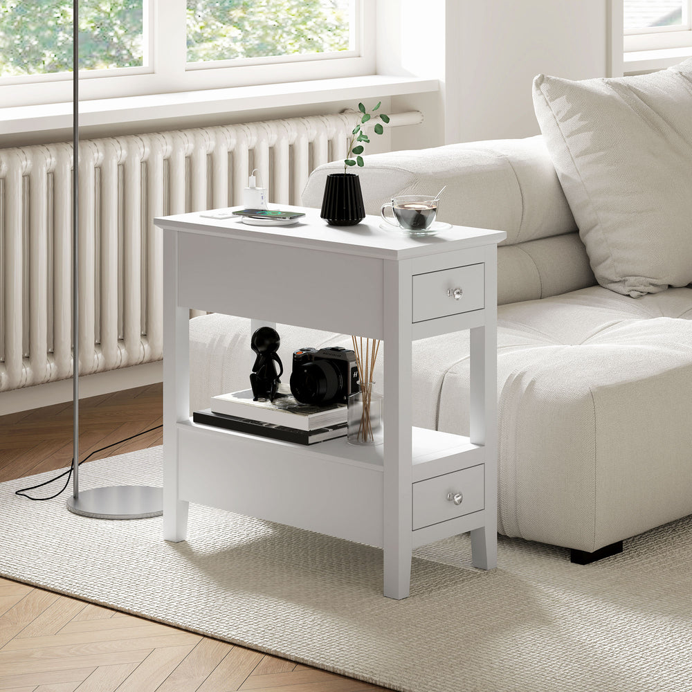 Narrow side table with charging station and USB ports, white