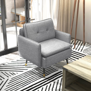 Modern upholstered accent chair with tufted back and steel legs, gray