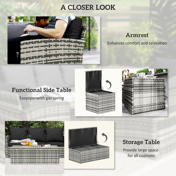 6 Piece Wicker Garden Furniture Set with Cushions, Coffee Table and Side Table, Black