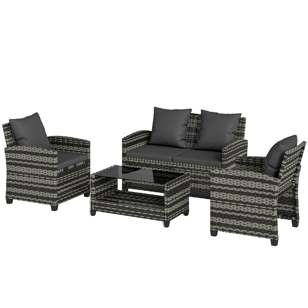4-piece wicker resin conversation set with a two-seater sofa, chairs and a two-tier table with cushions, dark gray.