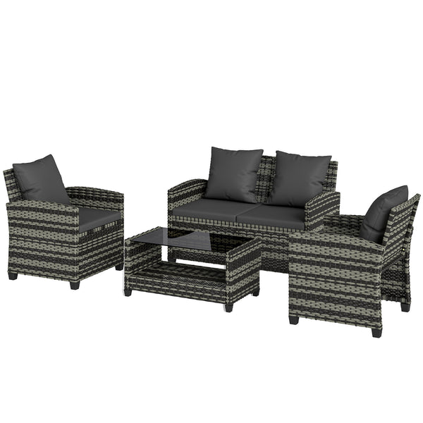 4-piece wicker resin conversation set with a two-seater sofa, chairs and a two-tier table with cushions, dark gray.