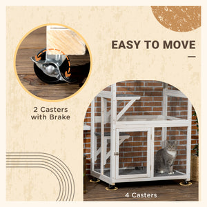 Wooden cat enclosure, weather-resistant and equipped with wheels, white