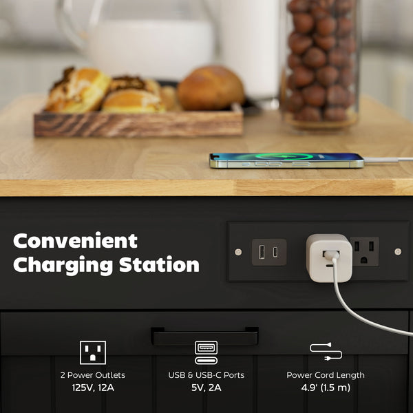 Portable kitchen island with charging station, fold-down rubberwood tabletop, waste storage, black