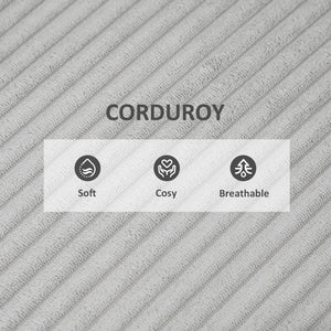 Corduroy accent chair with wide seat and padded armrests, light grey