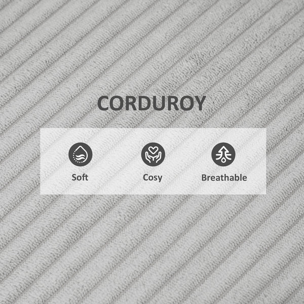 Corduroy accent chair with wide seat and padded armrests, light grey