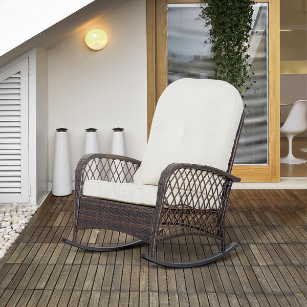 Rattan and wicker rocking chair with thick cushions, cream white