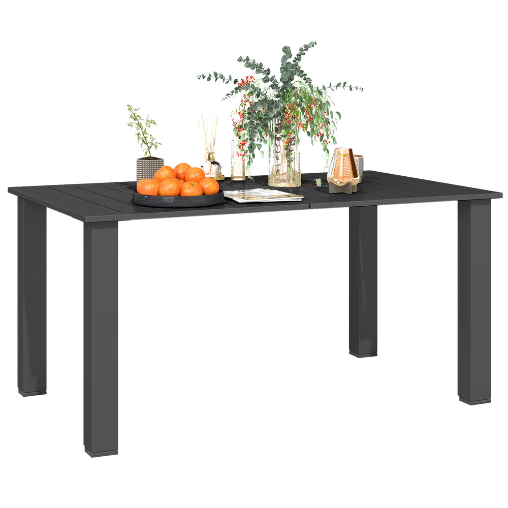 59" Outdoor Patio Table with Umbrella Hole, Outdoor Dining Table with Slatted Tabletop for Backyard Garden, Black