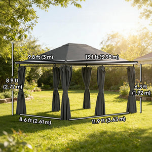Gazebo 10 x 13, flexible steel frame, 6 removable curtains, dark grey