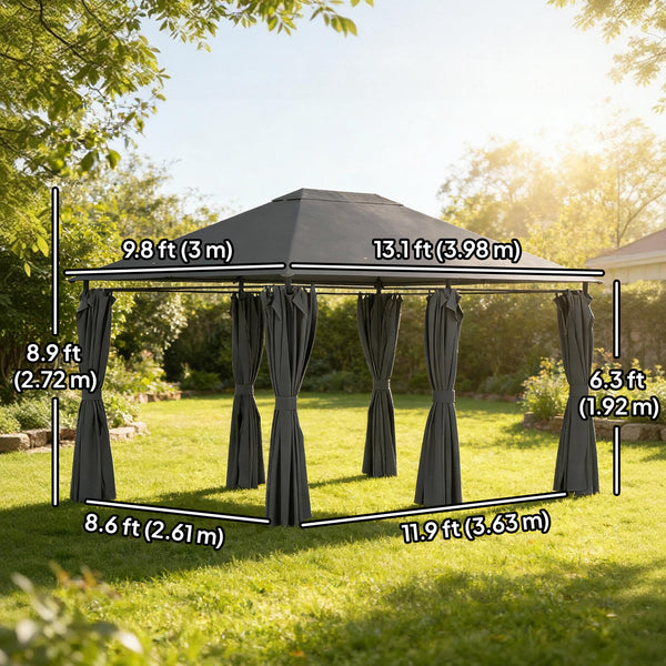 Gazebo 10 x 13, flexible steel frame, 6 removable curtains, dark grey