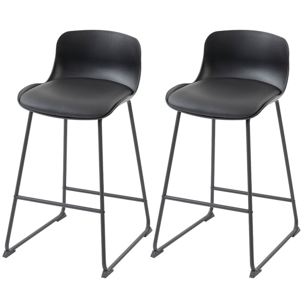 Set of 2 modern faux leather bar stools, counter height, black
