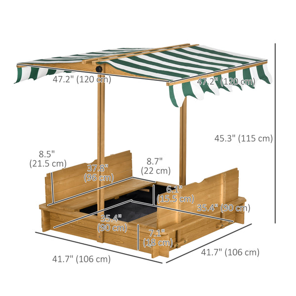 Wooden sandbox with cover, folding benches and adjustable canopy, light brown