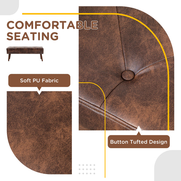 Faux leather button tufted bedroom bench with wooden legs, brown