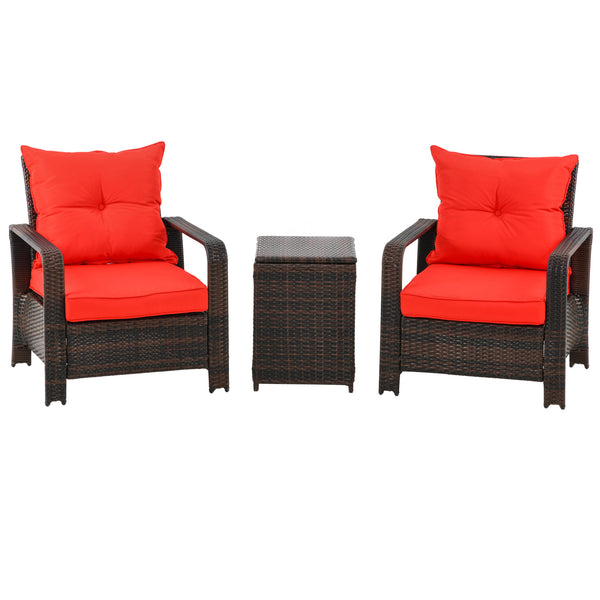 3-piece garden furniture set in woven resin with coffee table, red