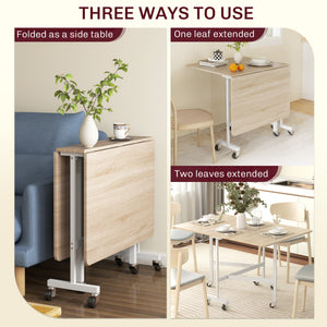 Folding drop-leaf dining table on wheels for 6 people – Oak and white