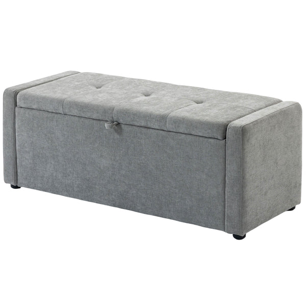 Storage ottoman bench, linen-look fabric upholstery, wide padded seat, light grey