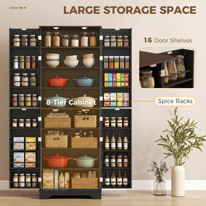 Farmhouse-style tall pantry with 2 cabinets, door, and adjustable shelves, black