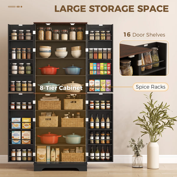 Farmhouse-style tall pantry with 2 cabinets, door, and adjustable shelves, black