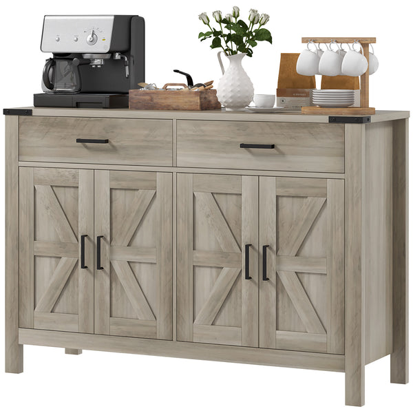 Farmhouse accent cabinet with 2 drawers and shelves, grey