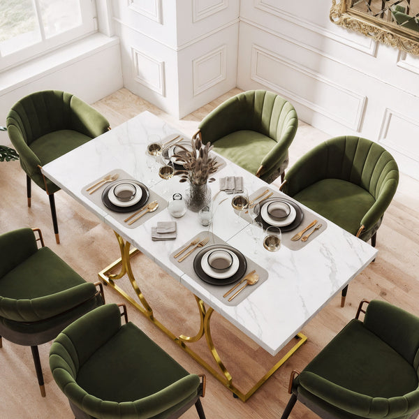 Dining table for 6 people, modern marble pattern kitchen table with metal pedestal, white