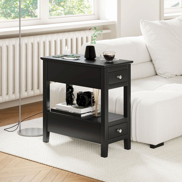 Narrow side table with charging station and storage shelf, black
