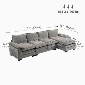 Chenille L-shaped sofa with double-layer seat cushion for living room, gray