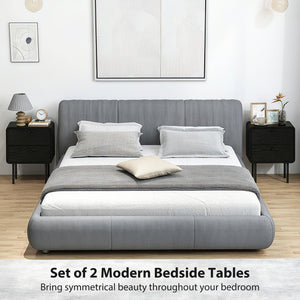 Set of 2 bedside tables with 2 storage drawers and steel legs, black wood finish.