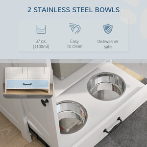 Dog food storage station with bowls, white
