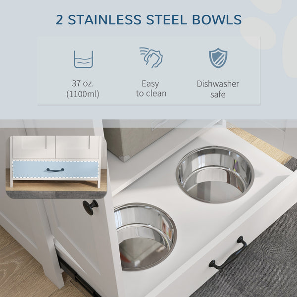 Dog food storage station with bowls, white