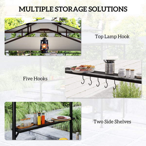 8' x 5' Grill Gazebo, Double Tiered Barbecue Grill Gazebo Shelter with Side Awning, 2 Side Shelves, 6 Hooks, Light Grey