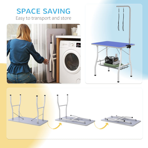 Dog grooming table with adjustable arm, mesh tray and two leashes, blue