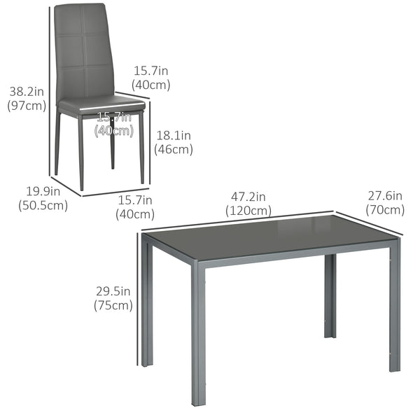 Rectangular Glass Kitchen Table and Chair Set with Metal Frame and Faux Leather Upholstery for Dining Room, Grey