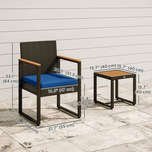 Rattan bistro set with acacia wood table and removable cushions, dark blue