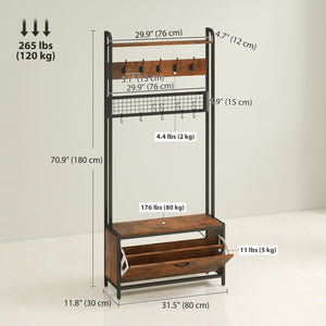 5-in-1 Coat Rack with Bench, Rustic Brown