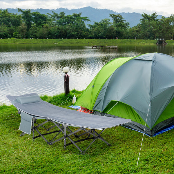 Folding camp bed with mattress and pillow, dark grey