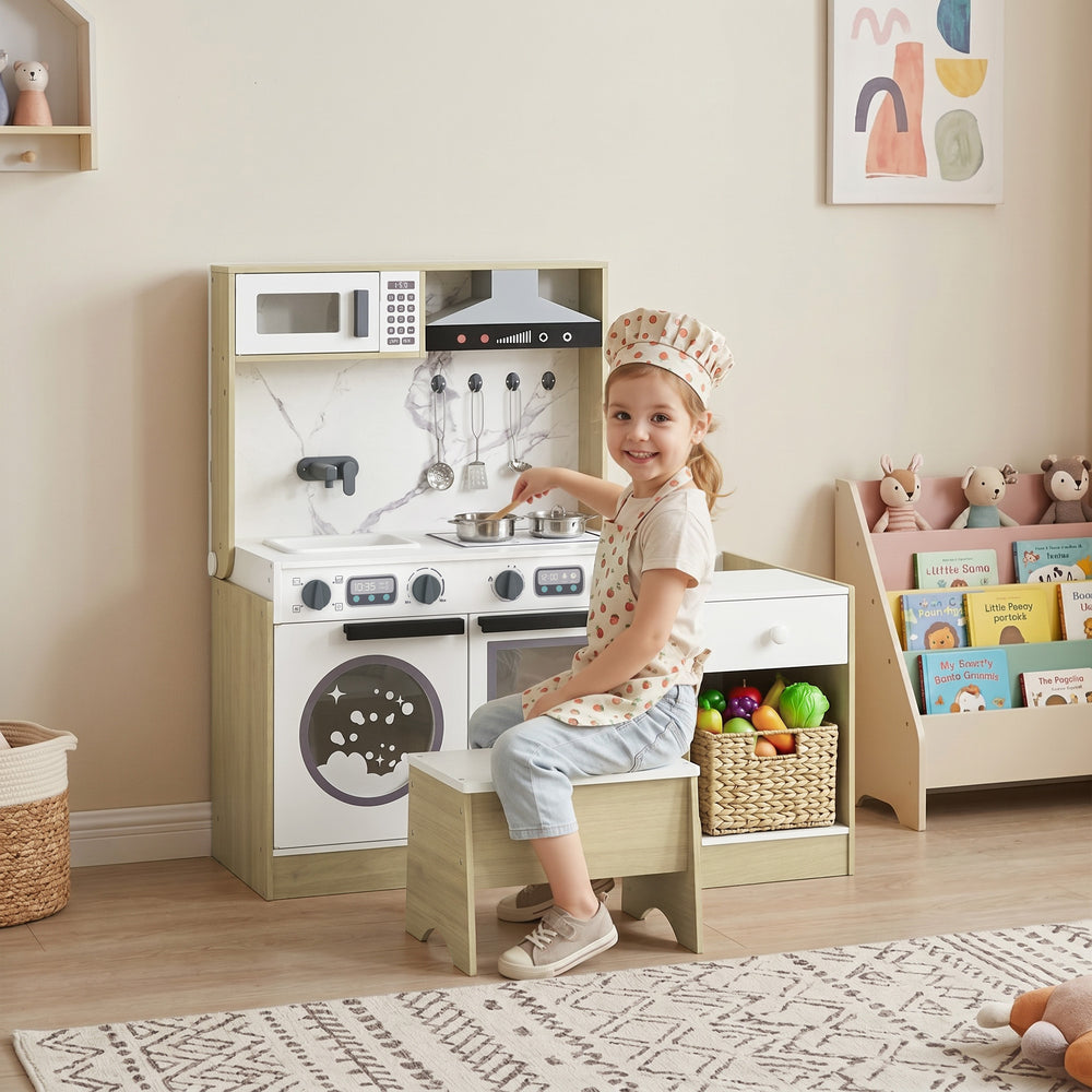 Play kitchen convertible into a table and chair with accessories and storage, white
