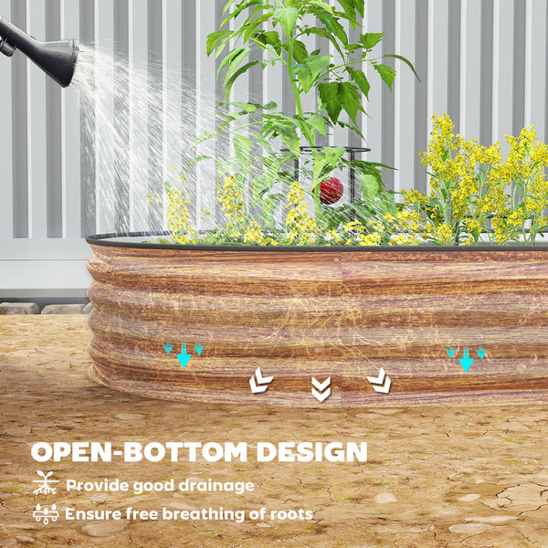 Raised outdoor planter made of galvanized steel with metal support, brown