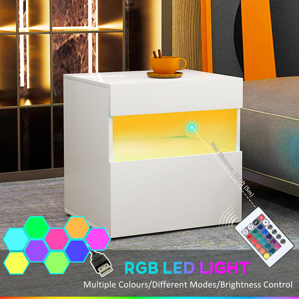 Bedside table with LED lighting, drawer and open shelf