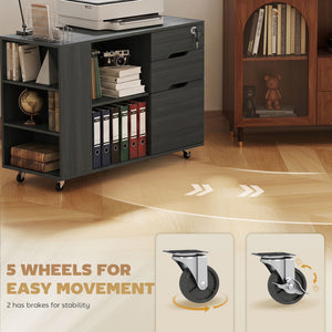 Mobile filing cabinet with storage, drawers and charging station, gray