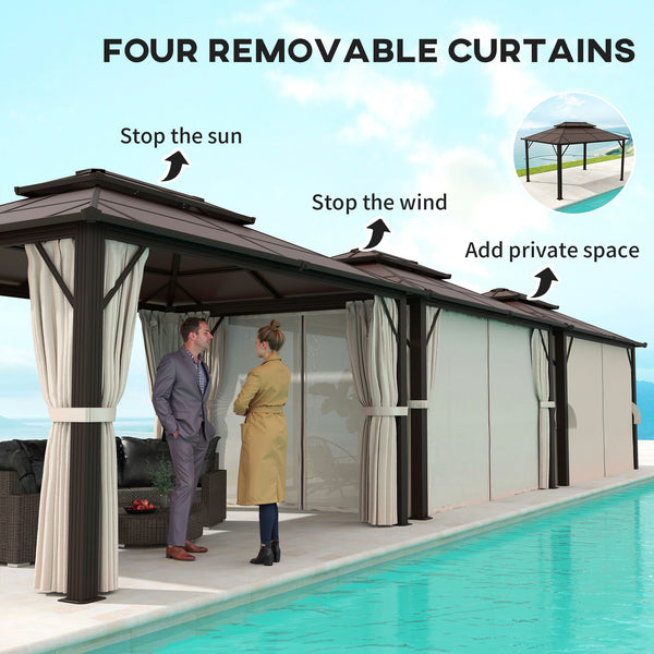 10' x 13' Hardtop Gazebo with UPF30+ Polycarbonate Double Roof, Aluminum Frame, Netting &amp; Curtains, Beige