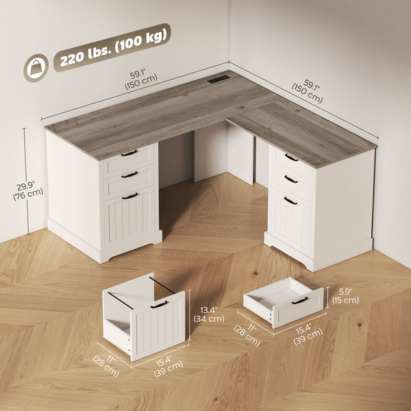 L-shaped desk with 6 drawers with outlets and USB, white and brown