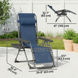 Set of 2 Zero Gravity Outdoor Lounge Chairs, Folding and Reclining, with Cup Holder and Headrest, Dark Blue