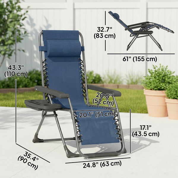 Set of 2 Zero Gravity Outdoor Lounge Chairs, Folding and Reclining, with Cup Holder and Headrest, Dark Blue