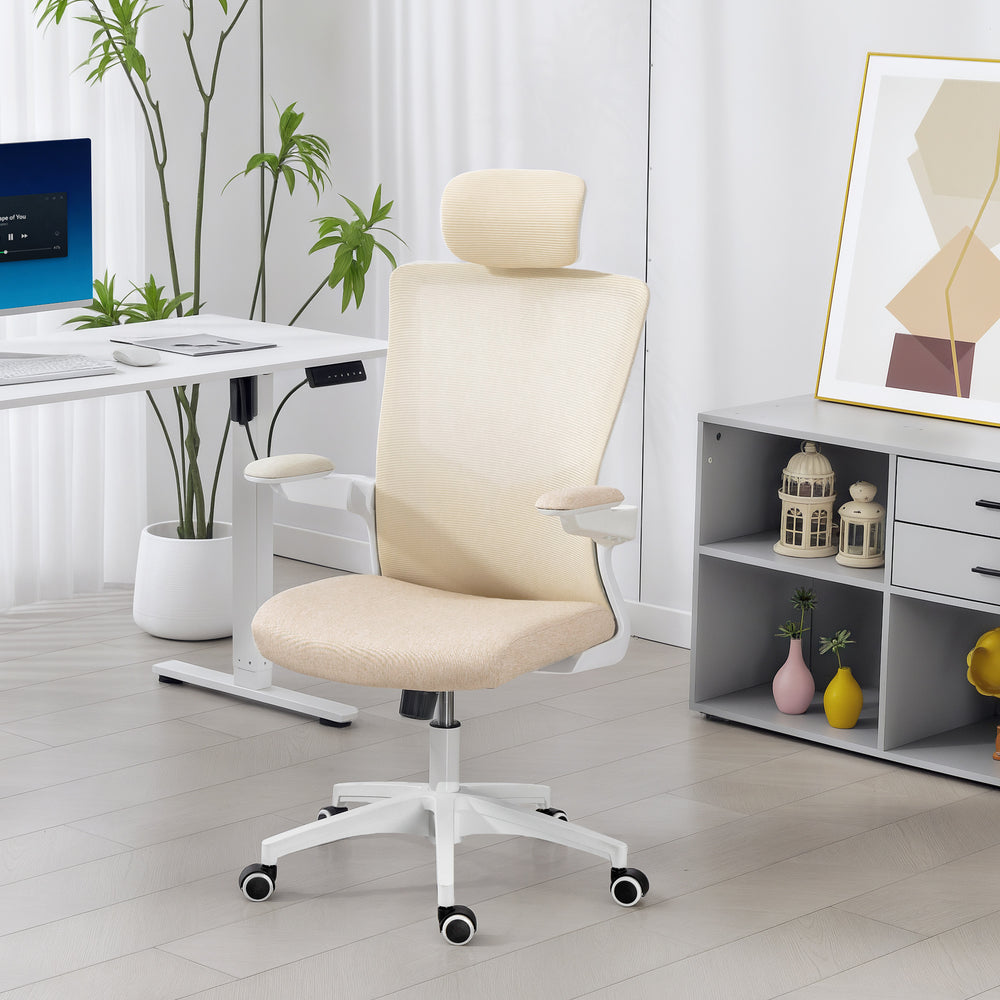 Ergonomic office chair with lumbar support and headrest, beige