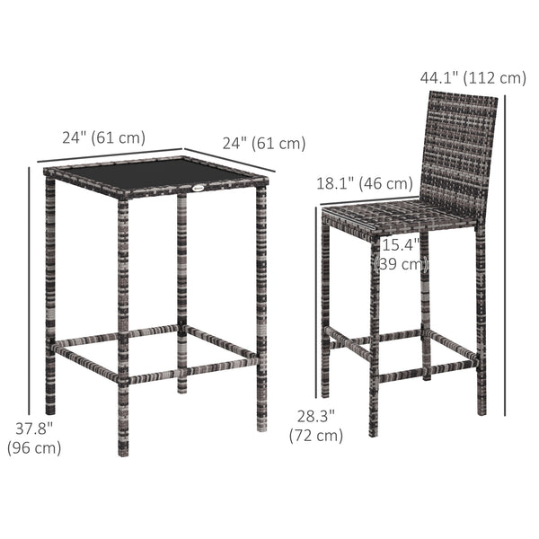 3-piece garden bar set in woven rattan, grey