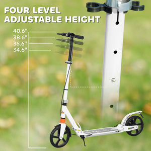 Foldable scooter, 4 adjustable heights, double brake and shock absorption, white