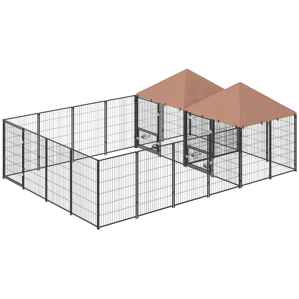 Large outdoor kennel with 2 compartments, swivel and height-adjustable food bowls