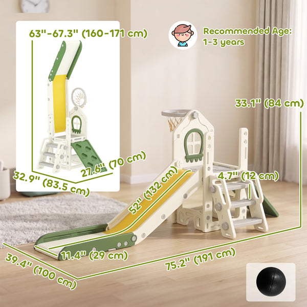 Qaba Foldable 4-in-1 Toddler Slide with Climber, Basketball Hoop, Storage Space, and Basketball for Ages 1-3 Years, Cream